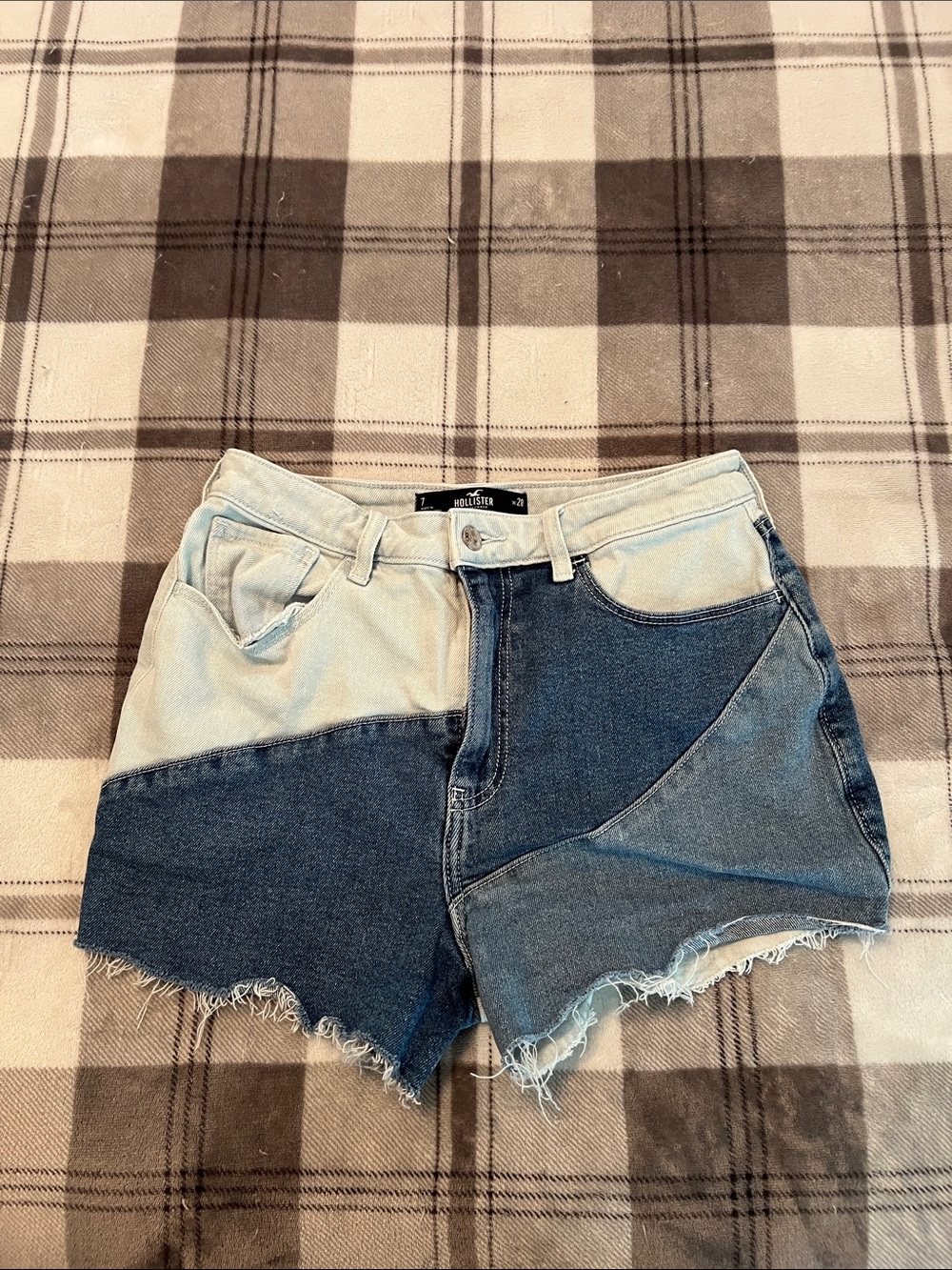 Hollister Two-Tone Patchwork Denim Cutoff Shorts - Light Blue & Dark Blue